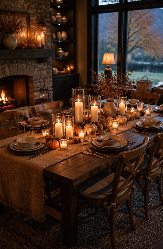 Candles and holders on a dining table for autumn decor.