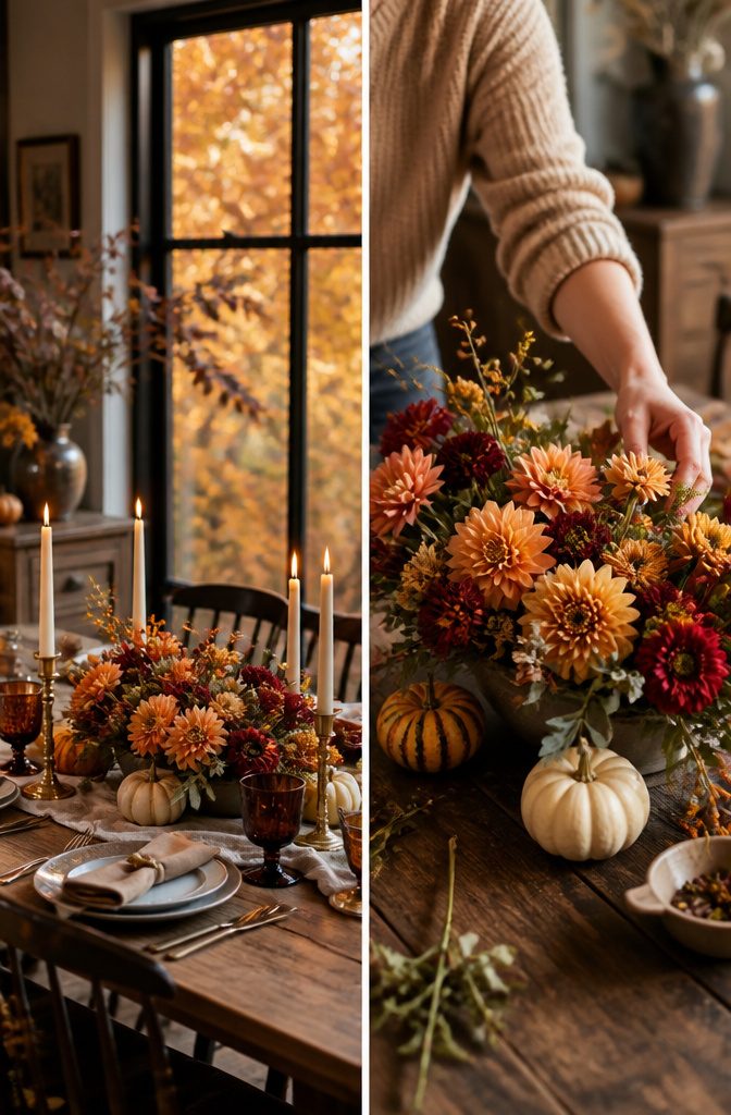 Low centerpiece with seasonal flowers on a dining table.