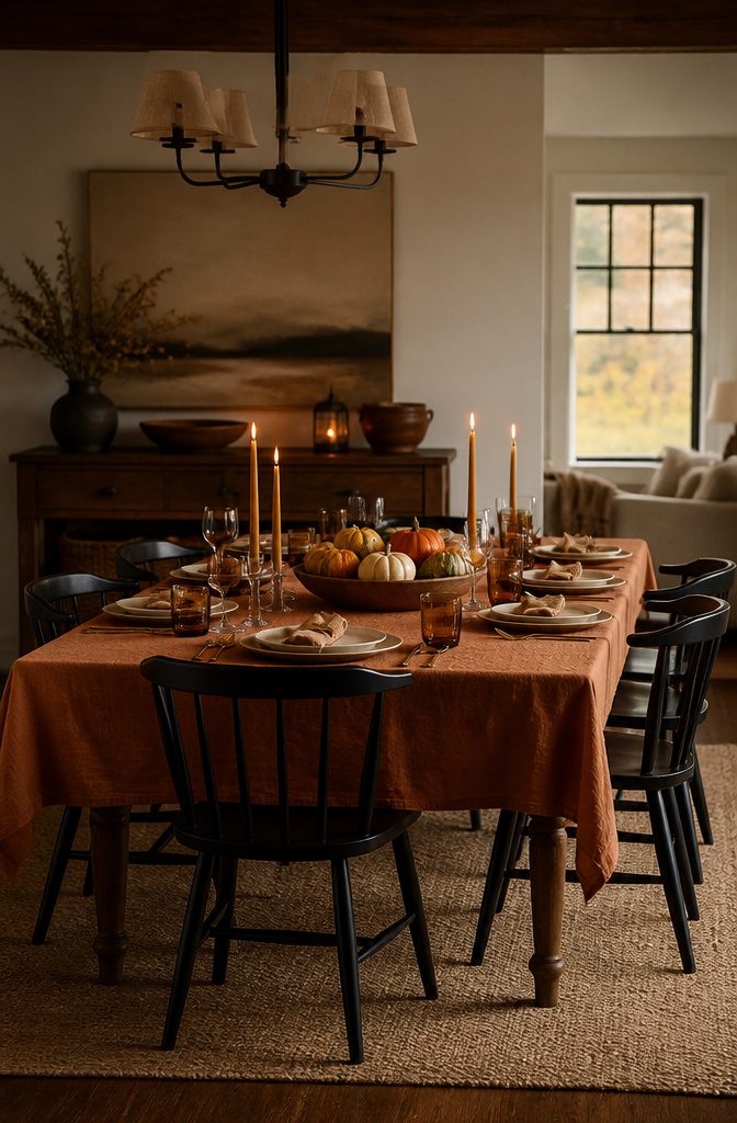 Low floral centerpiece on a dining table with serving dishes.
