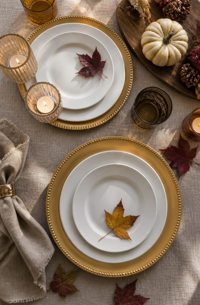 White plates layered on gold chargers on a dining table.