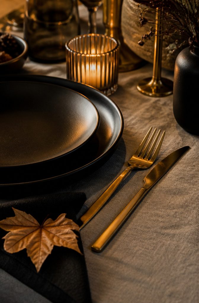 Gold cutlery beside matte black ceramic plates on a table.