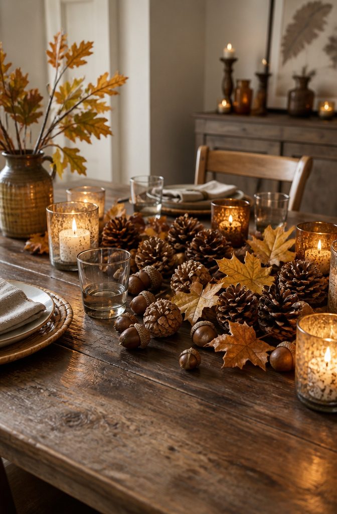 Pine cones, acorns, and leaves scattered on a rustic table.