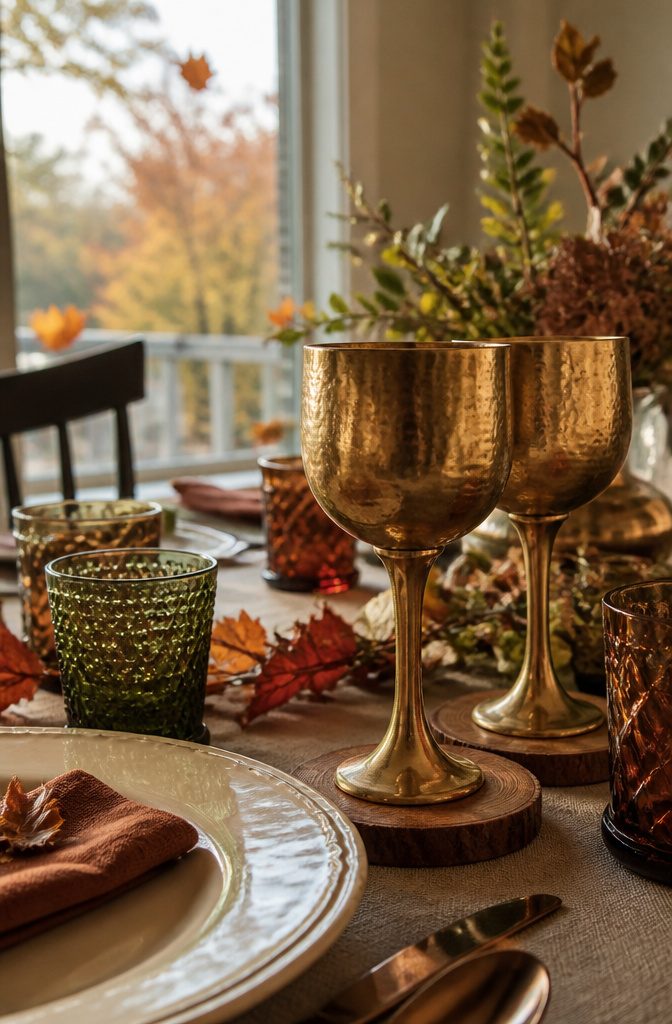 Brass-toned goblets set on an autumn dining table.
