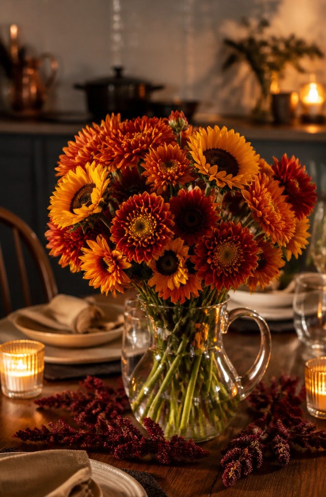 Chrysanthemums and sunflowers in warm tones in a vase.