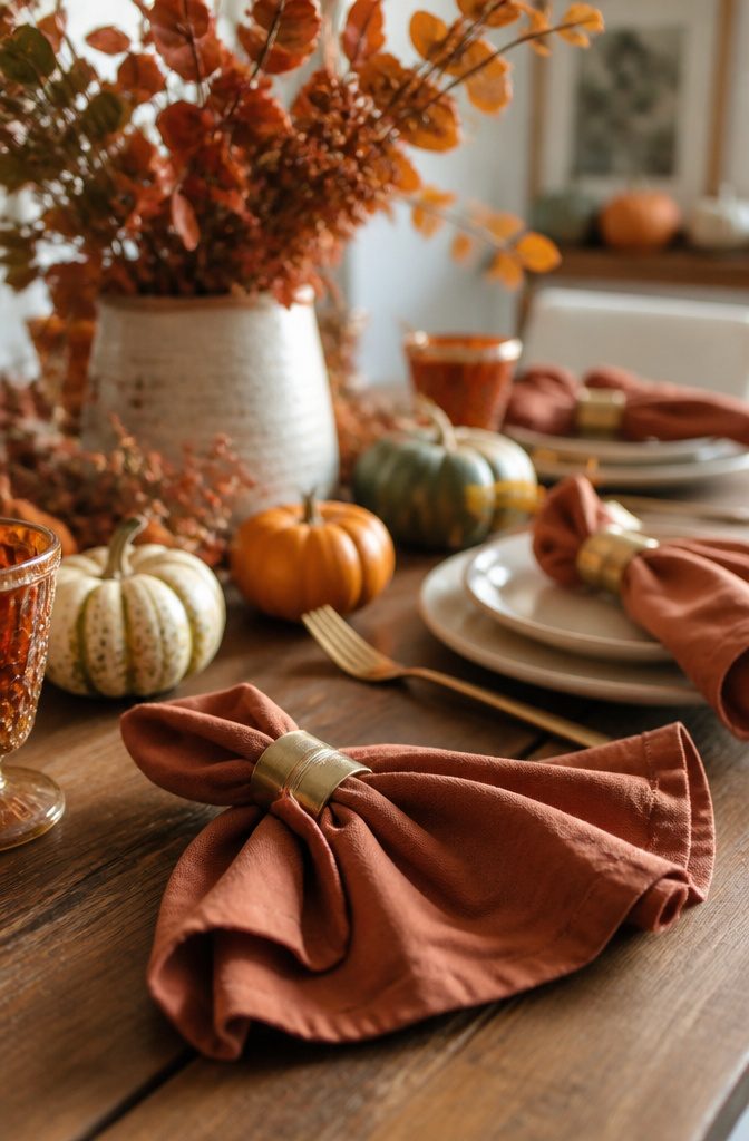 Terracotta linen napkins and gold napkin rings on a wooden table.