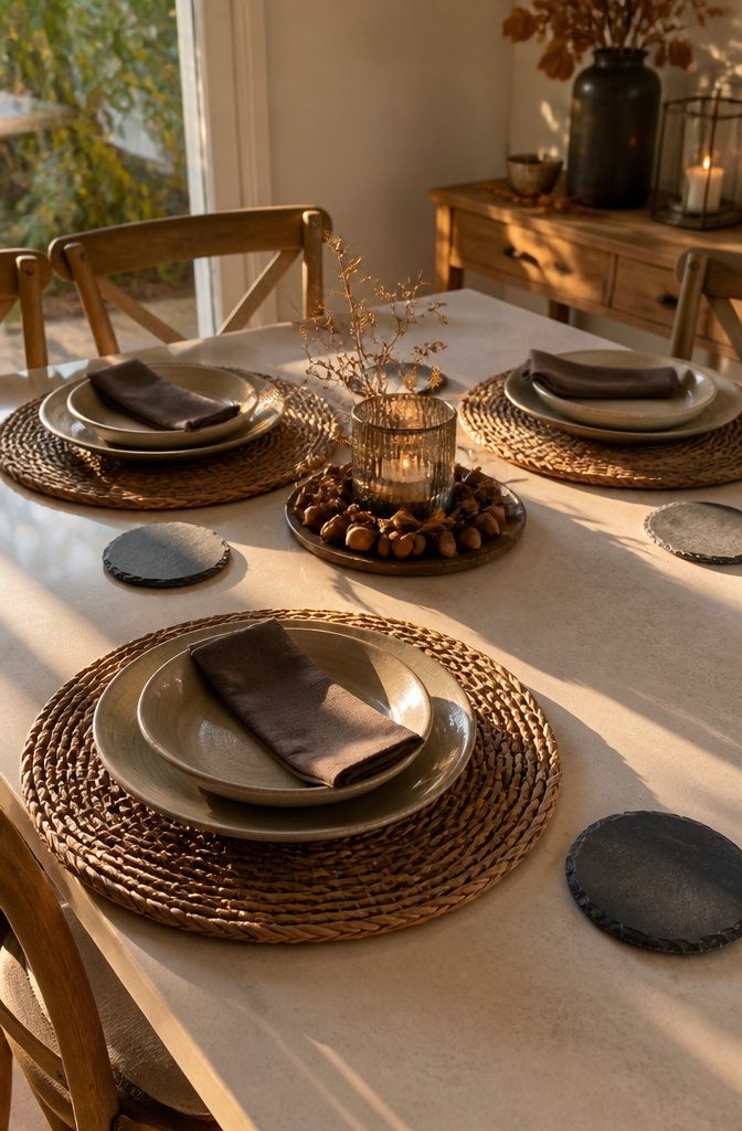 Round woven placemats and slate coasters on a dining table.