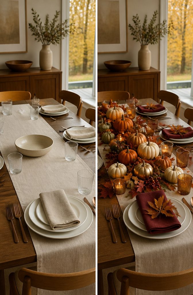 Autumn dining table in warm tones of terracotta and deep red.