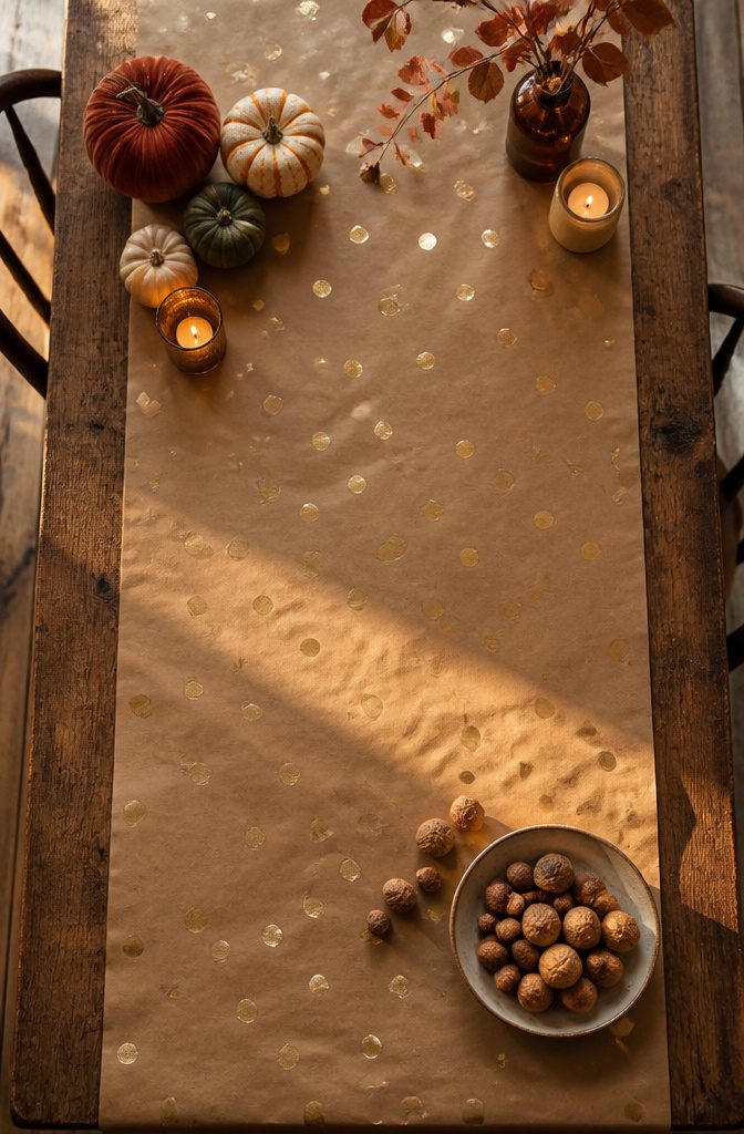 Kraft paper tablecloth with gold polka dots on a dining table.