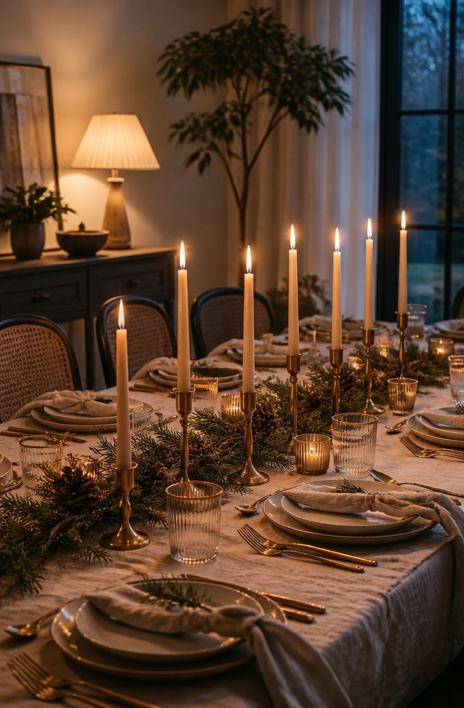 Brass taper candles arranged on a dining table.