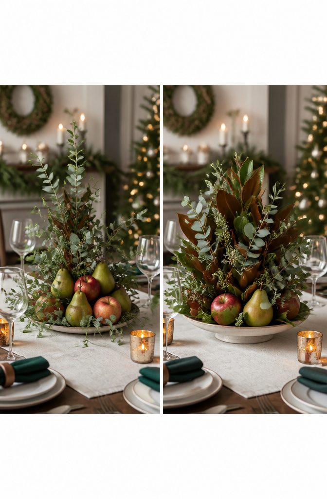 Centerpiece with fresh flowers and seasonal fruits on a table.