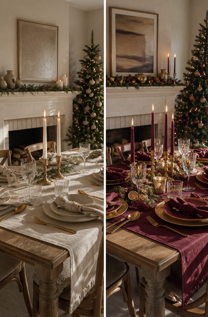 Table set with burgundy, cream, and gold decorations.