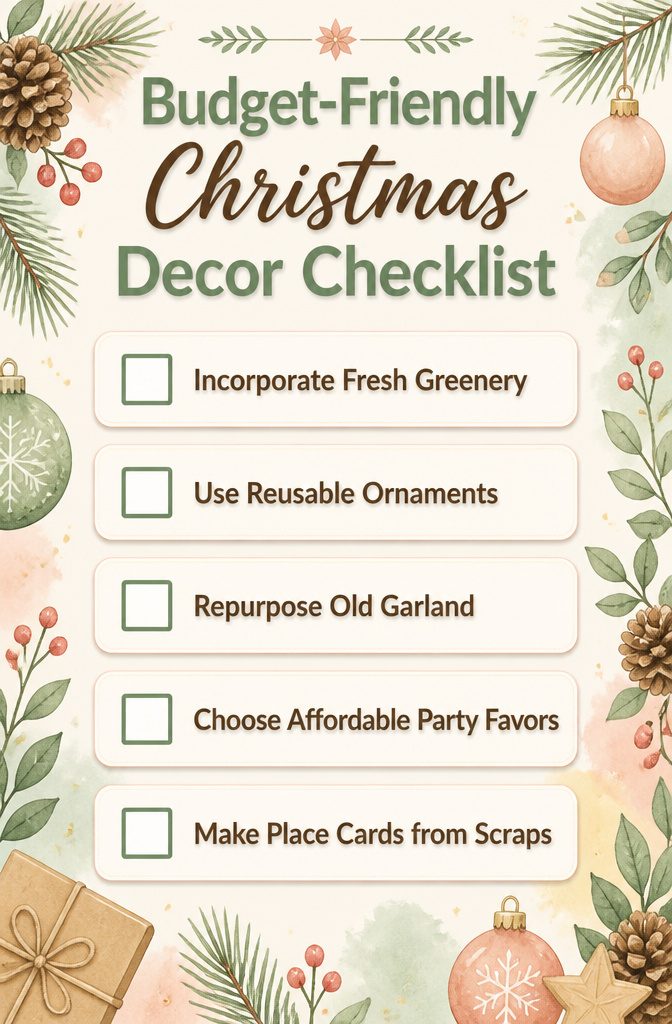 Checklist of budget-friendly Christmas decor items for the table.