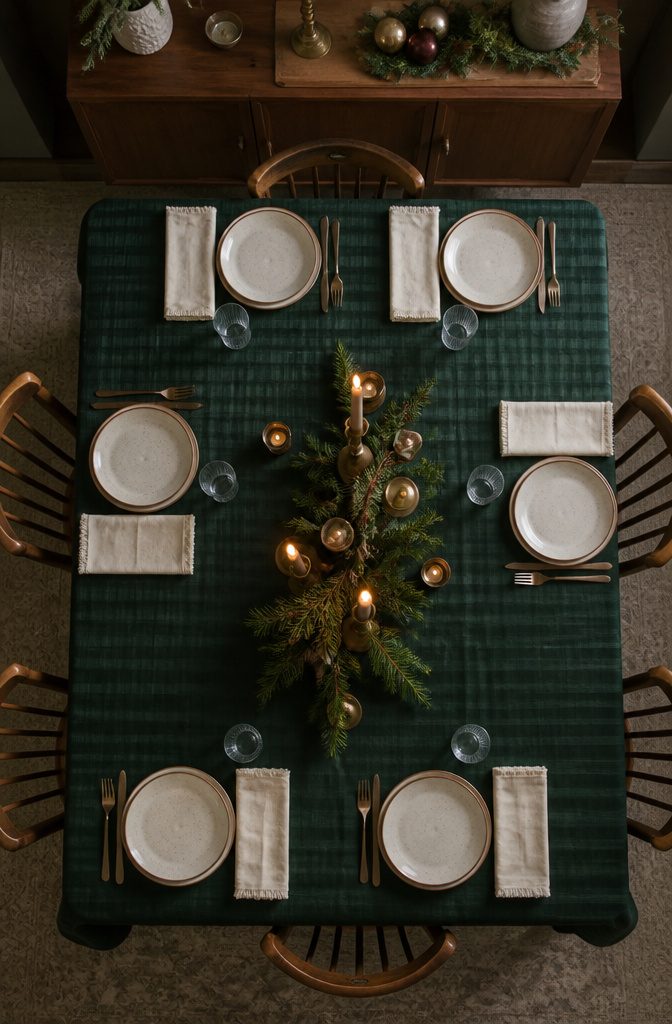 Dining table with a dark green cotton-polyester tablecloth.