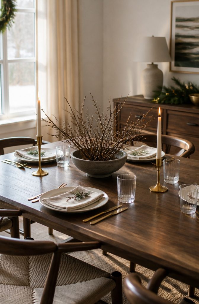 Minimalist dining table arrangement with branches and brass candlesticks.