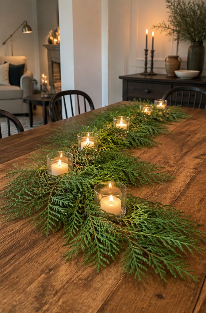 Cedar branches and tealights arranged on a rustic dining table.