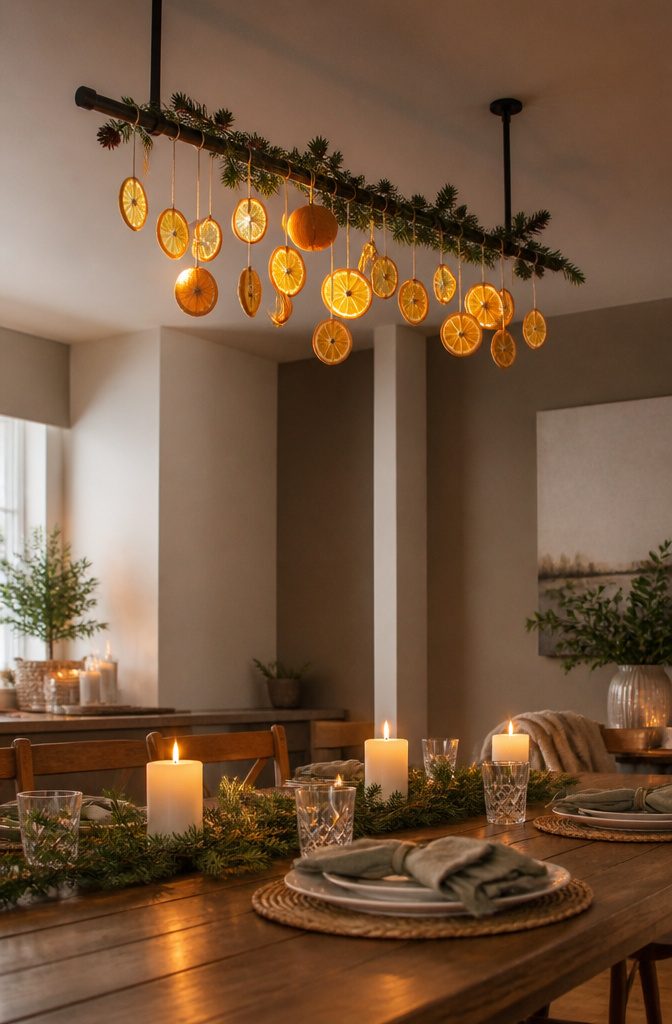 Suspended dried orange garland above a dining table.