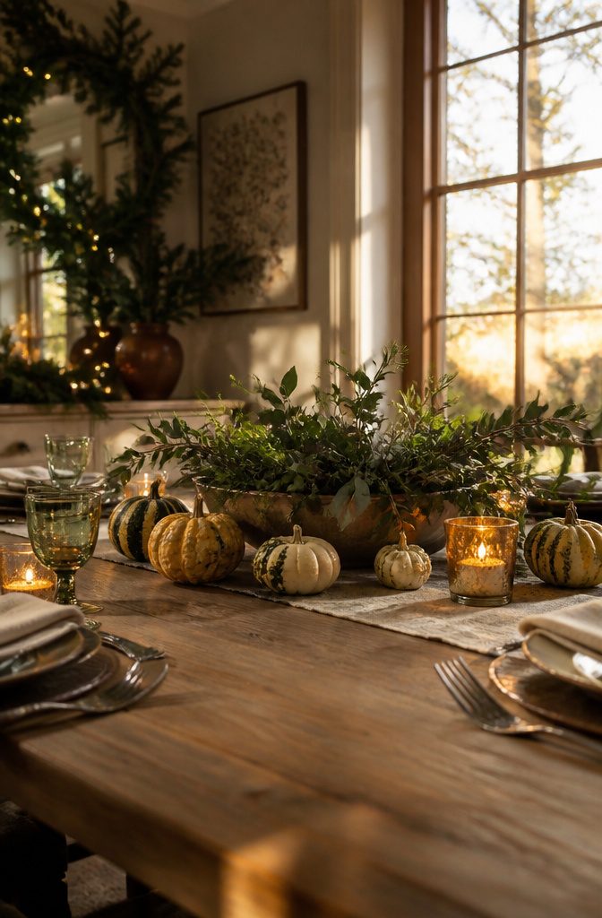Dining table with low centerpieces for easy conversation.