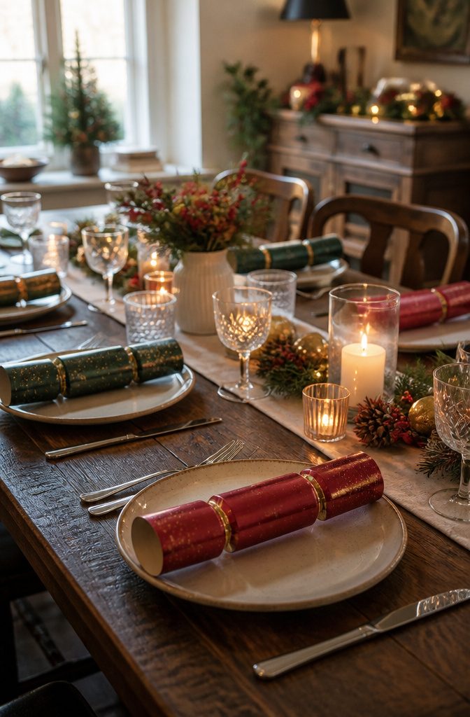 Colorful party crackers placed beside dinner plates on a table.