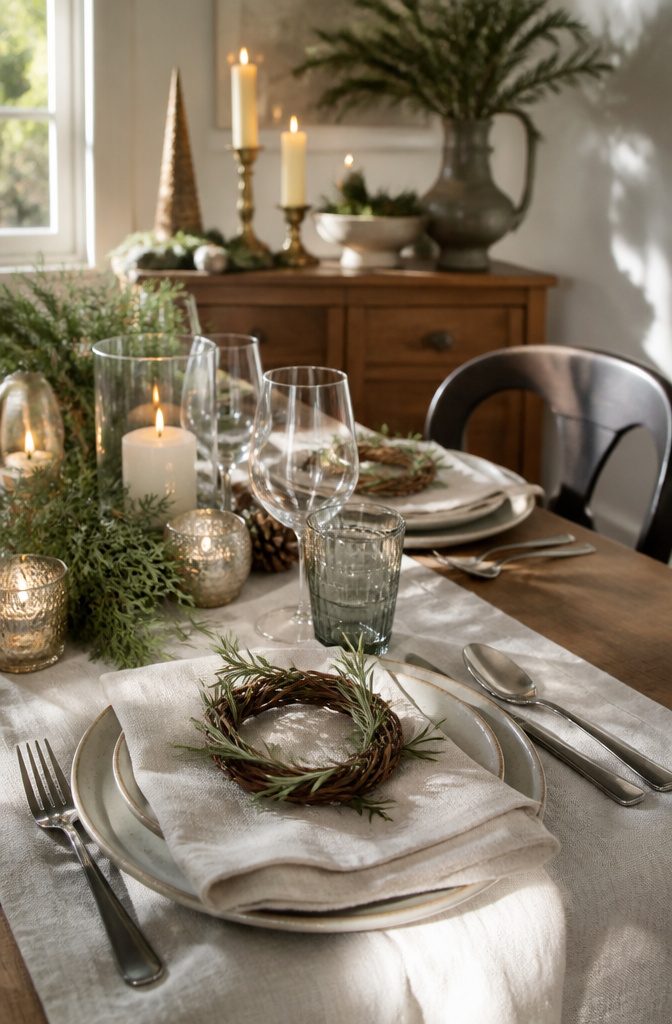 Place settings with grapevine wreaths and sprigs of rosemary.