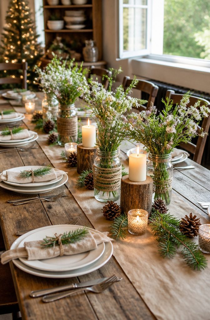 Rustic dining table with a kraft paper runner and wildflower arrangements.