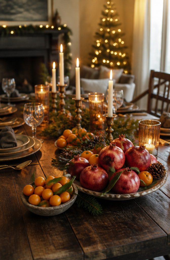 Dining table adorned with pomegranates and citrus fruits.
