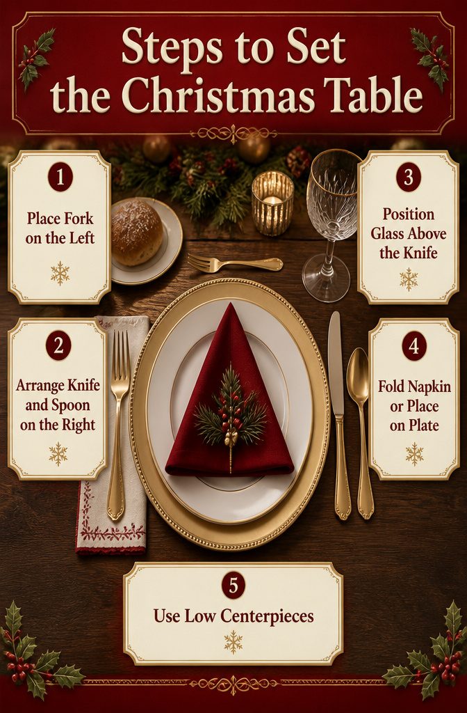 Diagram showing the steps to set a Christmas table.
