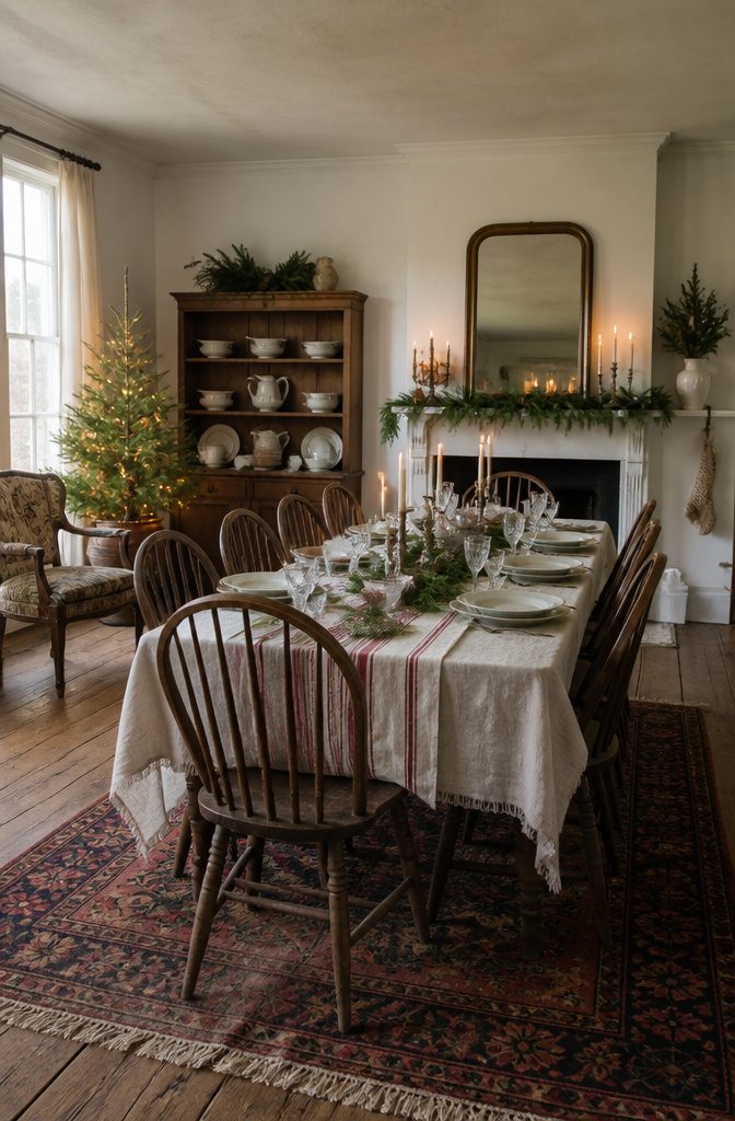 Dining table with vintage silver candlesticks and pressed-glass goblets.