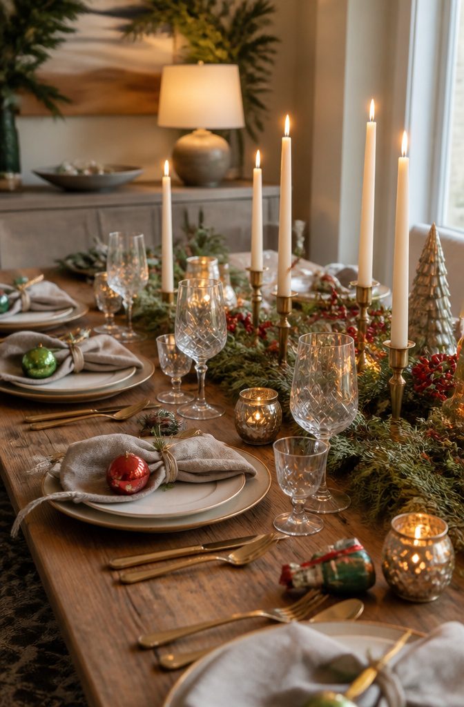 Dining table with ornaments and handwritten notes as party favors.