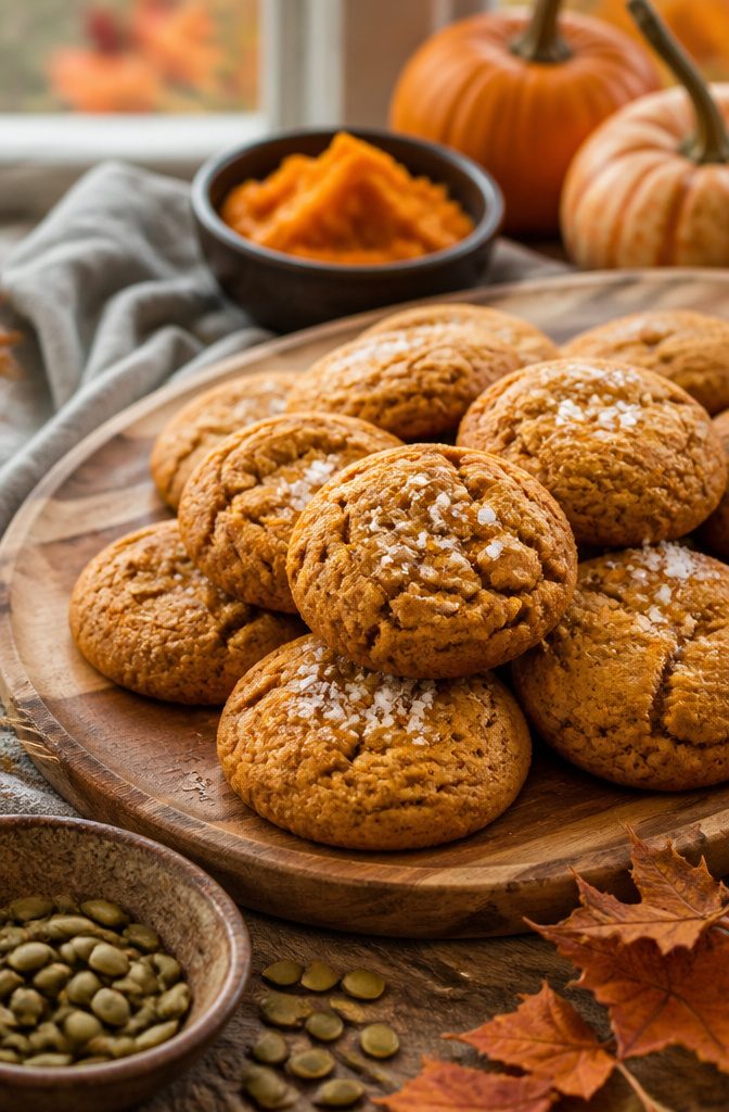 Fall Baking Desserts: 15 Recipes for Pumpkin, Apple and Pecan 7 Brown butter pumpkin cookies on a wooden platter.
