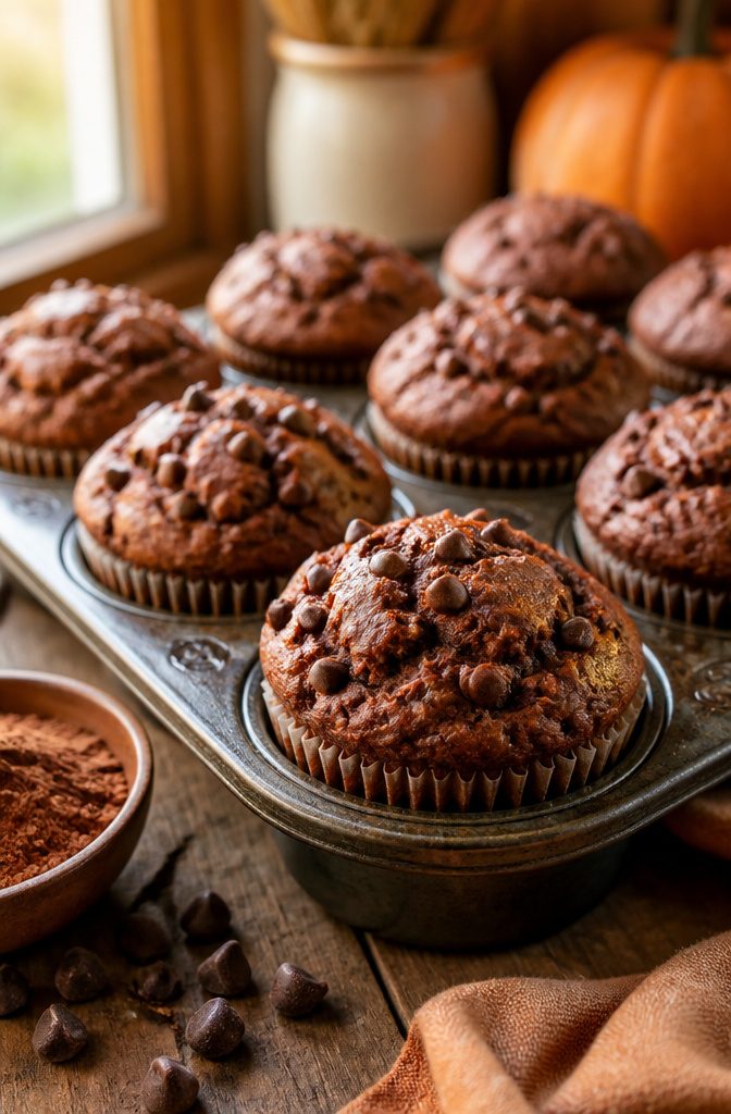 Fall Baking Desserts: 15 Recipes for Pumpkin, Apple and Pecan 12 Chocolate pumpkin muffins cooling on a wire rack.