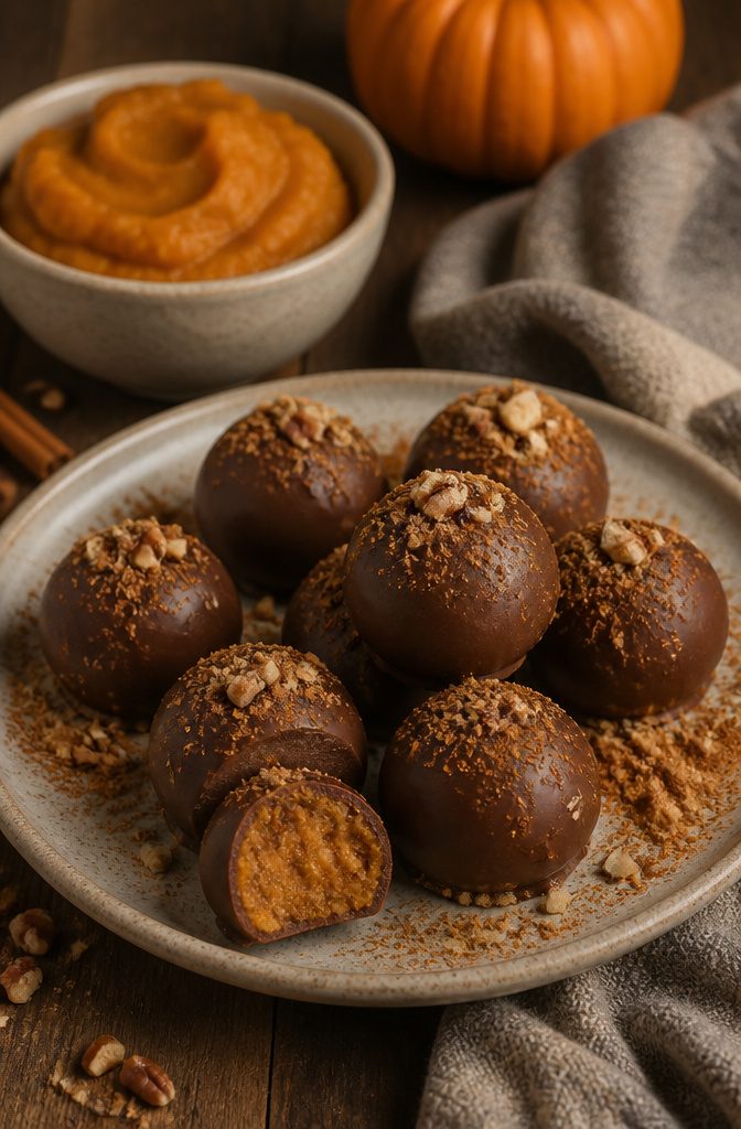 Fall Baking Desserts: 15 Recipes for Pumpkin, Apple and Pecan 14 Pumpkin spice truffles arranged on a plate with cinnamon and pecans.