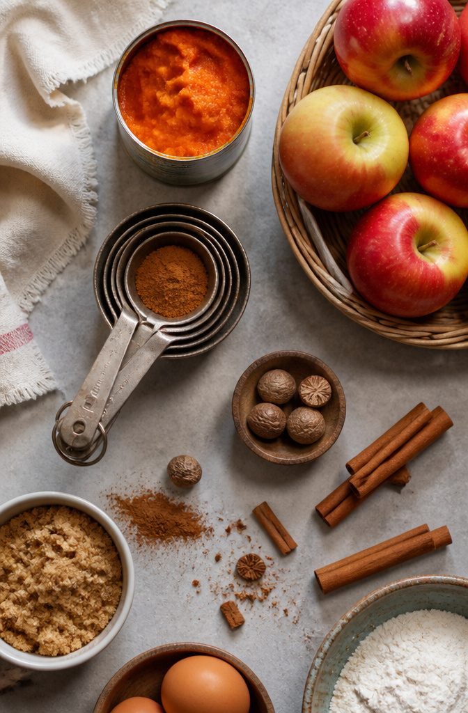 Fall Baking Desserts: 15 Recipes for Pumpkin, Apple and Pecan 17 Canned pumpkin puree and fresh apples on a kitchen counter.