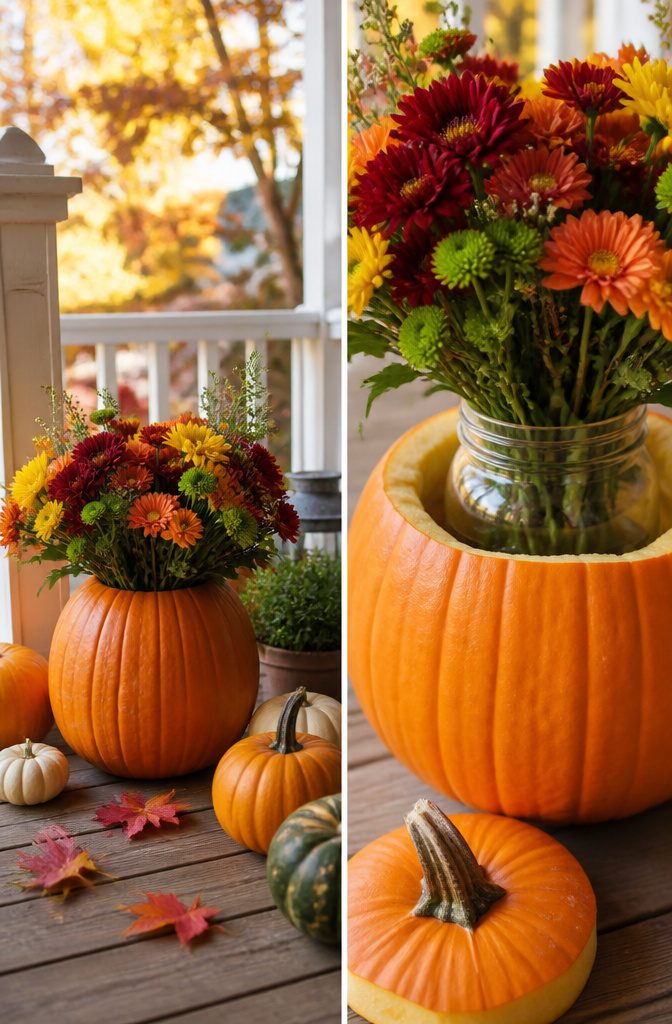 20 Fall Pumpkin Crafts to Make for Your Home in 2026 3 A hollowed pumpkin serving as a vase for floral arrangements.