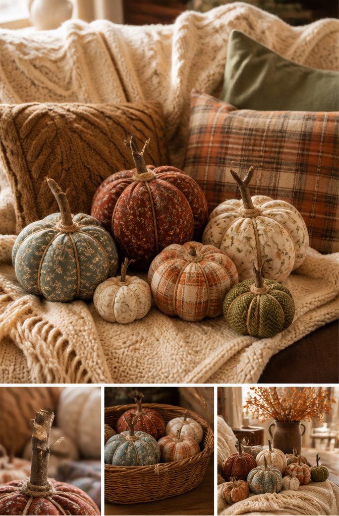 20 Fall Pumpkin Crafts to Make for Your Home in 2026 5 A variety of stuffed fabric pumpkins in different colors and sizes.