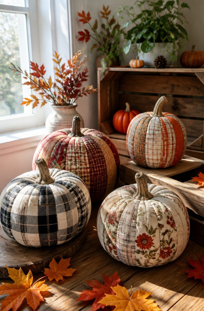 20 Fall Pumpkin Crafts to Make for Your Home in 2026 21 Foam pumpkins covered in plaid and floral fabric strips.