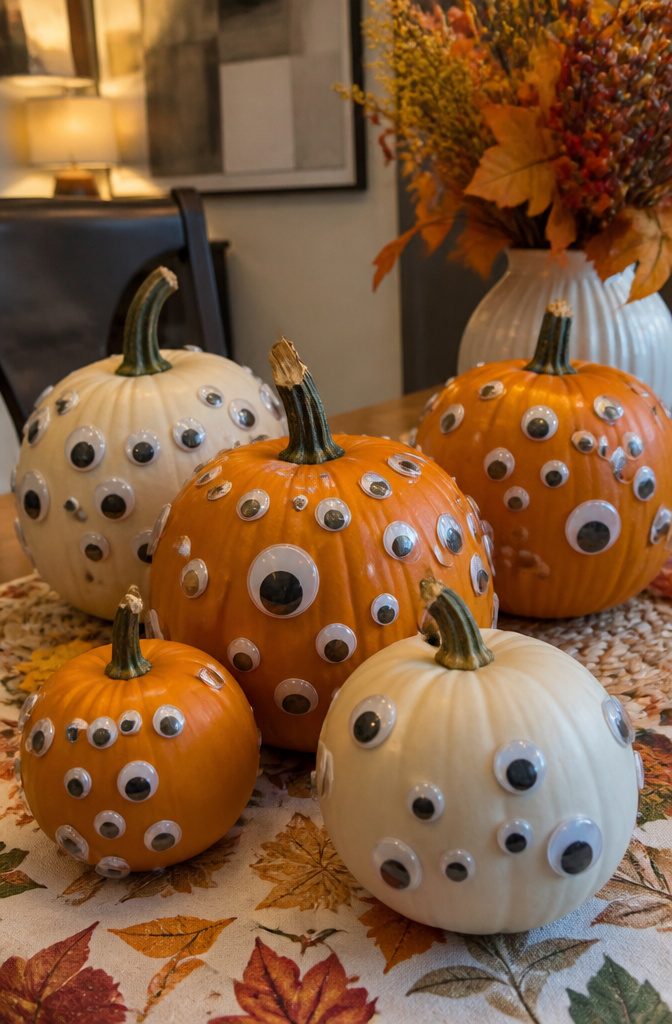 20 Fall Pumpkin Crafts to Make for Your Home in 2026 14 Pumpkins painted in bright colors with various googly eye designs.