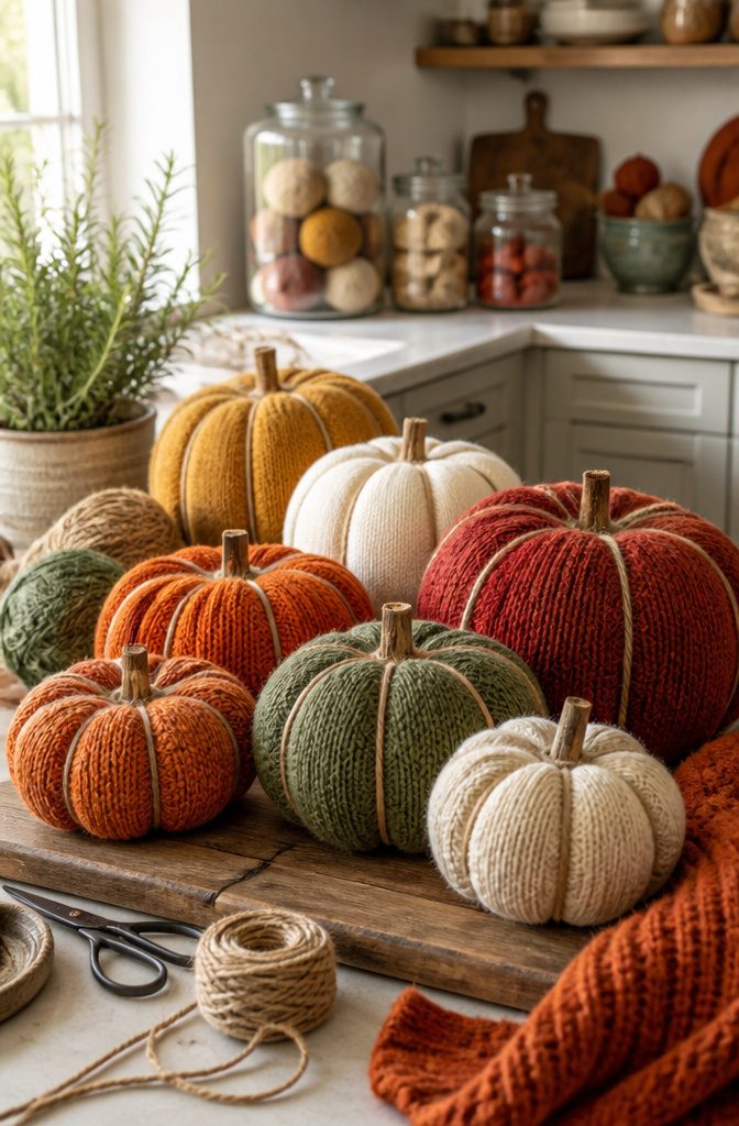 20 Fall Pumpkin Crafts to Make for Your Home in 2026 7 A collection of no-sew pumpkins made from colorful sweaters.
