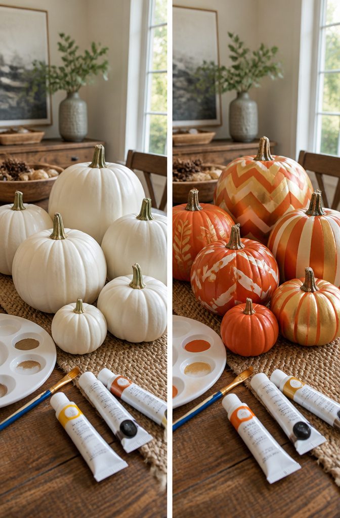 20 Fall Pumpkin Crafts to Make for Your Home in 2026 6 Colorful painted pumpkins with different designs on display.