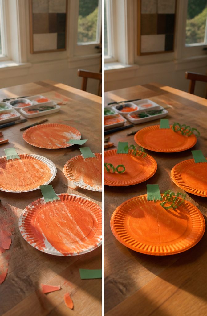 20 Fall Pumpkin Crafts to Make for Your Home in 2026 11 Pumpkins made from painted and collaged paper plates.
