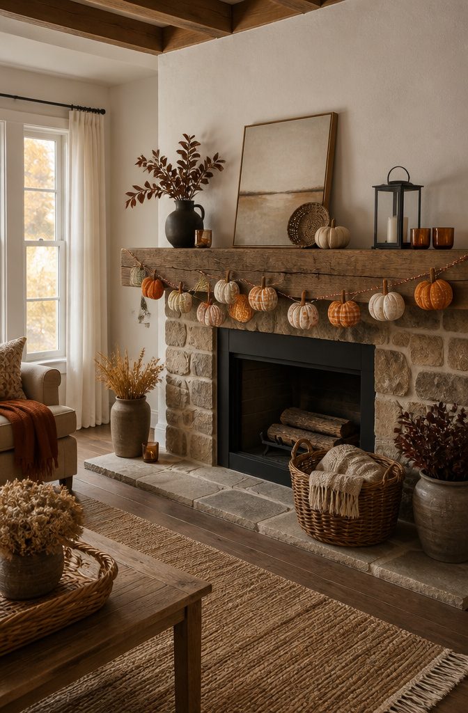 20 Fall Pumpkin Crafts to Make for Your Home in 2026 19 A garland made of small paper pumpkins strung together.