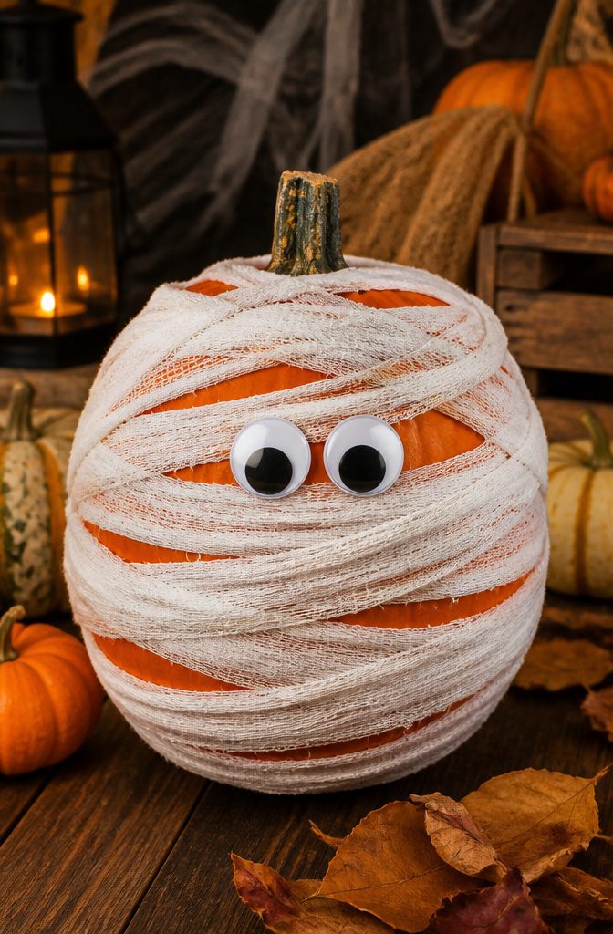20 Fall Pumpkin Crafts to Make for Your Home in 2026 13 Foam pumpkin wrapped in gauze, resembling a mummy.