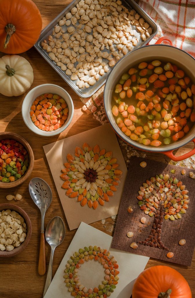 20 Fall Pumpkin Crafts to Make for Your Home in 2026 18 Cleaned pumpkin seeds arranged for crafting activities.
