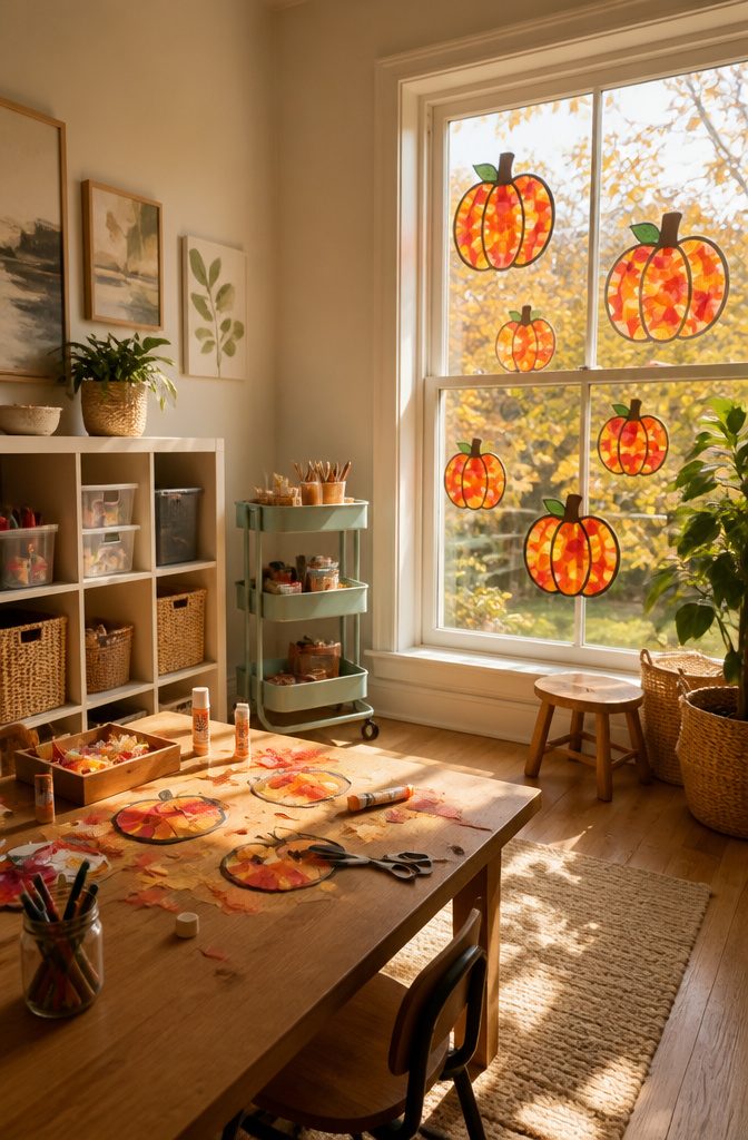 20 Fall Pumpkin Crafts to Make for Your Home in 2026 20 Suncatchers made from tissue paper in pumpkin shapes.