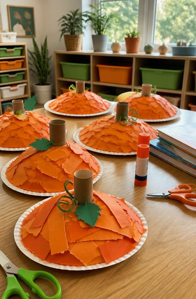 20 Fall Pumpkin Crafts to Make for Your Home in 2026 17 Layered strips of torn orange paper forming a pumpkin.
