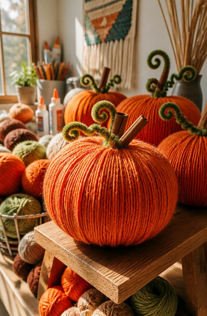 20 Fall Pumpkin Crafts to Make for Your Home in 2026 8 A yarn-wrapped pumpkin made with a half-inflated balloon.