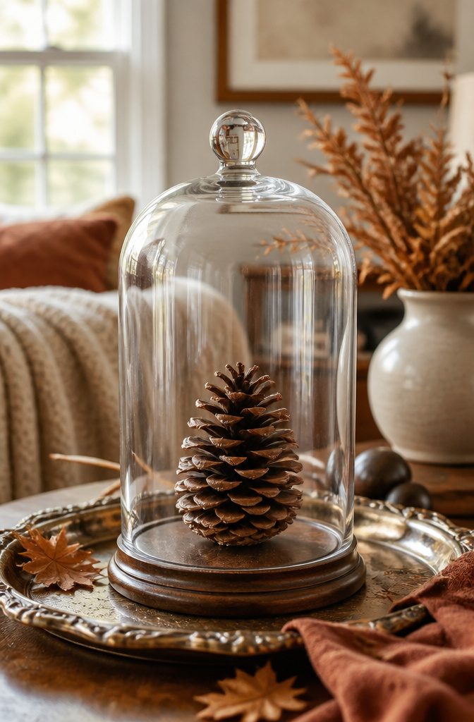 18 Fall Tray Decor Ideas for Coffee Tables, Tiered Trays & More 9 Glass cloche displayed on a tray with a decorative item inside.
