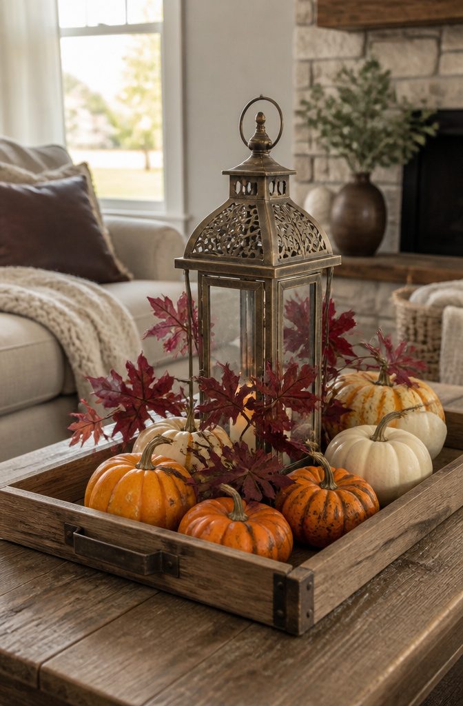18 Fall Tray Decor Ideas for Coffee Tables, Tiered Trays & More 2 Bronze metal lantern on a wood tray with orange and white pumpkins.