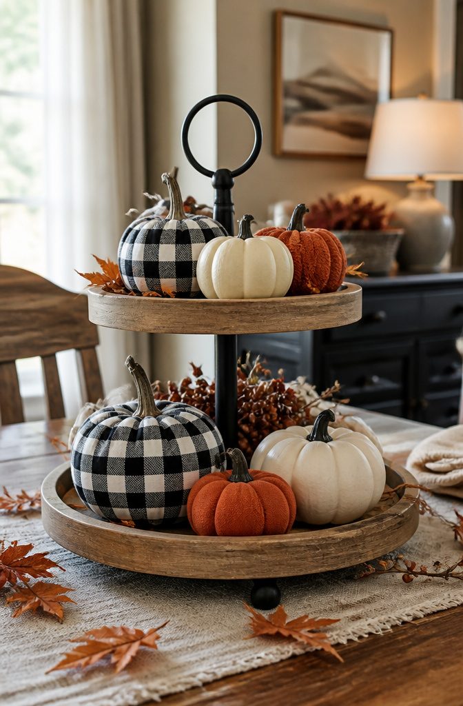 18 Fall Tray Decor Ideas for Coffee Tables, Tiered Trays & More 15 Tiered tray featuring buffalo check pumpkins and solid elements.