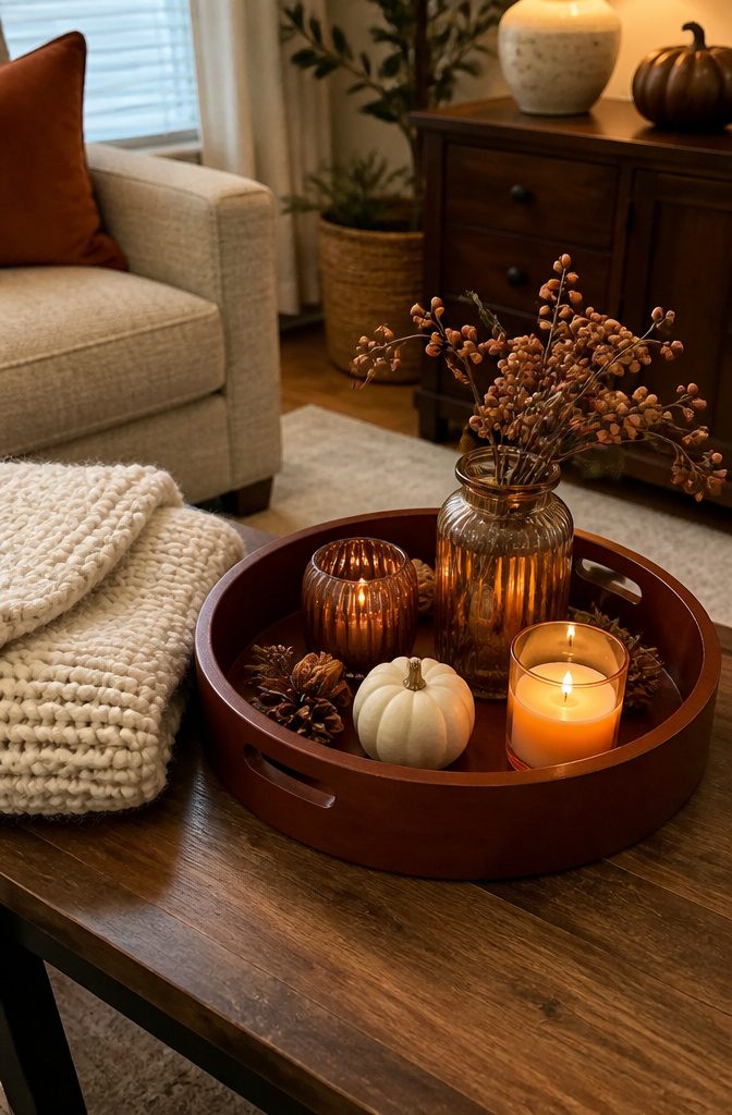 18 Fall Tray Decor Ideas for Coffee Tables, Tiered Trays & More 12 Rust-colored tray beside a cream-colored knit throw.