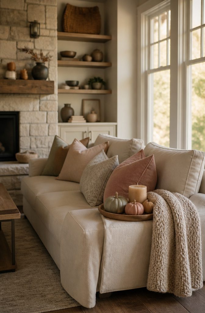 18 Fall Tray Decor Ideas for Coffee Tables, Tiered Trays & More 10 Tray with muted pumpkins and a beeswax candle on an ottoman.